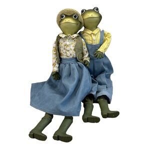 Rare 2 piece Vintage Set Of 19" Frog Couple Country Outfit Bibs